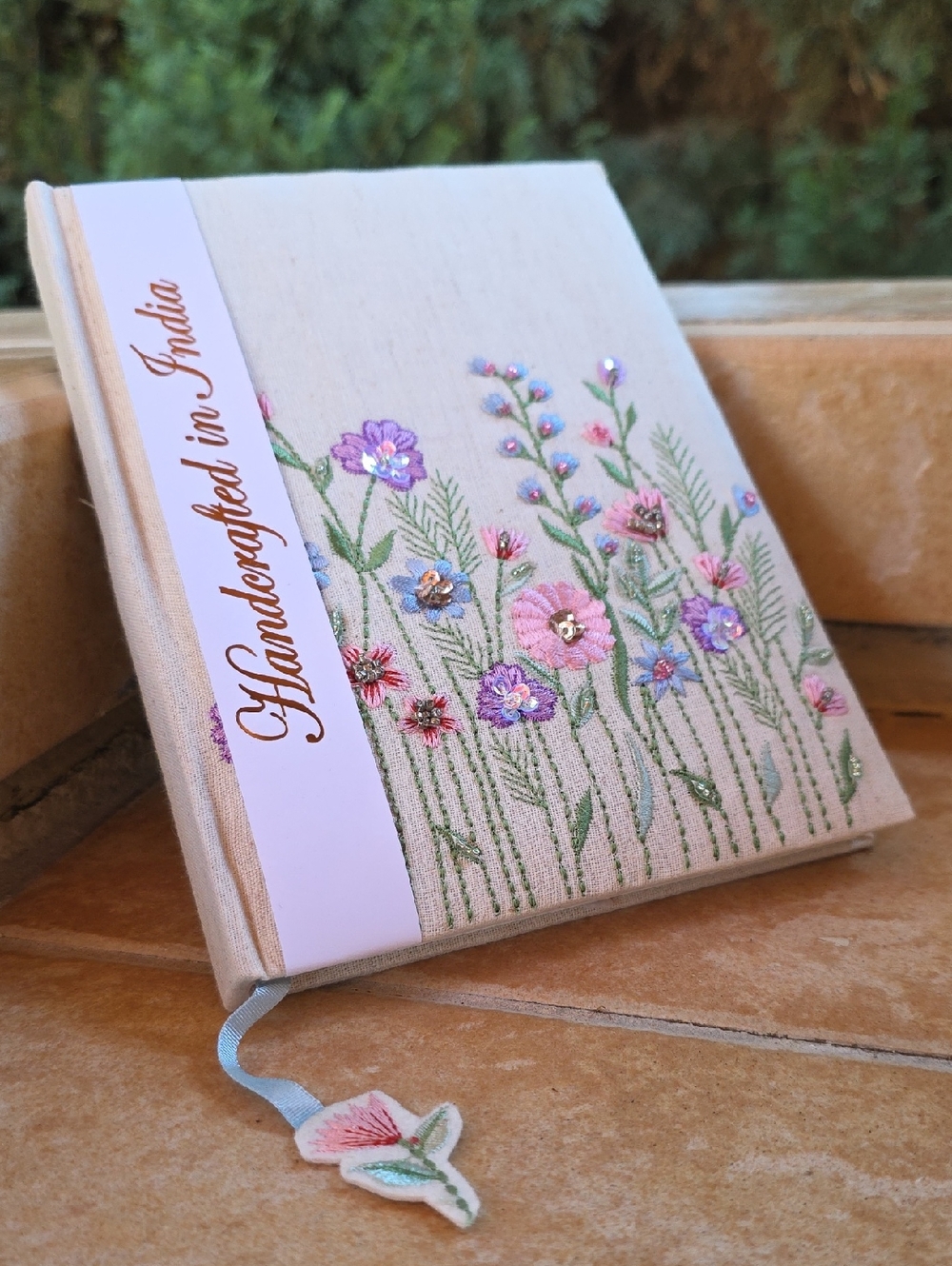 Handcrafted Beaded Floral Linen Journal - Cream with Pink & Green Embroidery